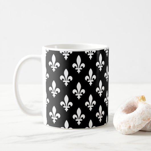 Fleur de Lis Patroon, Koninklijk Frans, Wit op Zwa Koffiemok (Met donut)