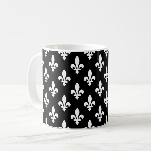 Fleur de Lis Patroon, Koninklijk Frans, Wit op Zwa Koffiemok (Voorkant links)