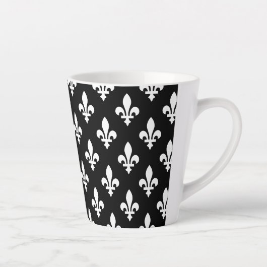 Fleur de Lis Patroon, Koninklijk Frans, Wit op Zwa Latte Mok (Rechts)