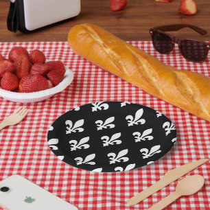 Fleur de Lis Patroon, Koninklijk Frans, Wit op Zwa Papieren Bordje