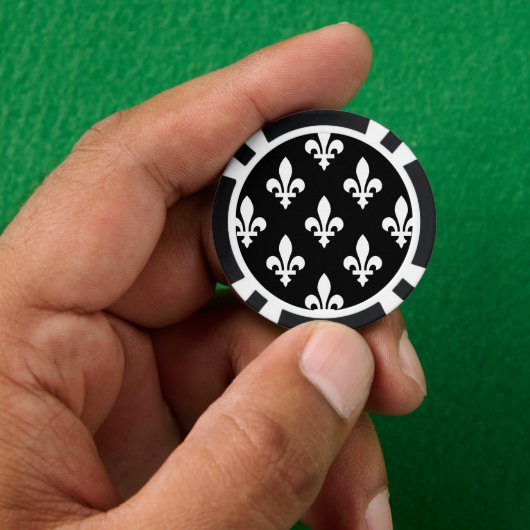Fleur de Lis Patroon, Koninklijk Frans, Wit op Zwa Poker Chips (Hand)