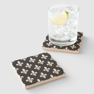 Fleur de Lis Patroon, Koninklijk Frans, Wit op Zwa Stenen Onderzetter