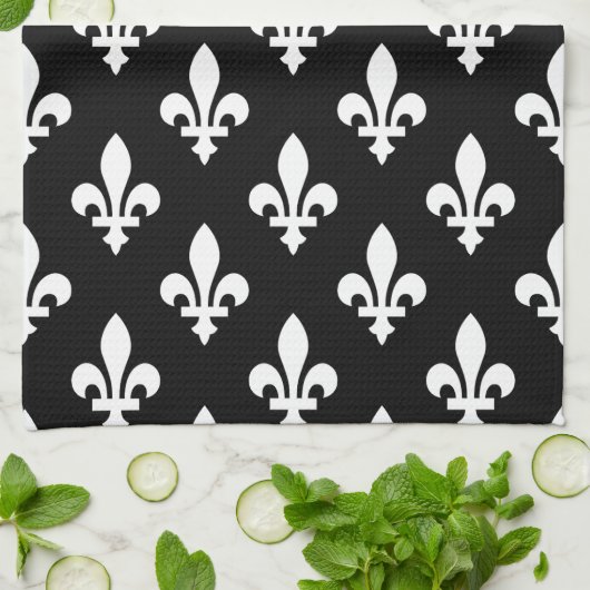 Fleur de Lis Patroon, Koninklijk Frans, Wit op Zwa Theedoek (Gevouwen)