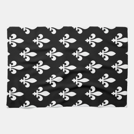 Fleur de Lis Patroon, Koninklijk Frans, Wit op Zwa Theedoek (Horizontaal)