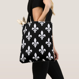 Fleur de Lis Patroon, Koninklijk Frans, Wit op Zwa Tote Bag