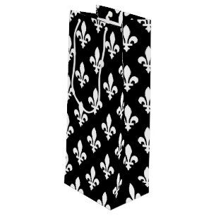 Fleur de Lis Patroon, Koninklijk Frans, Wit op Zwa Wijn Cadeautas