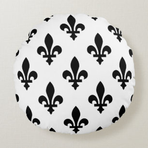 Fleur de Lis Patroon, Koninklijk Frans, Zwart op W Rond Kussen