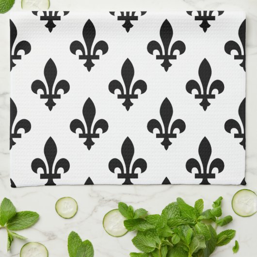 Fleur de Lis Patroon, Koninklijk Frans, Zwart op W Theedoek (Gevouwen)