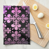 Fleur de lis patroon roze paarse zwart theedoek (Quarter Fold)