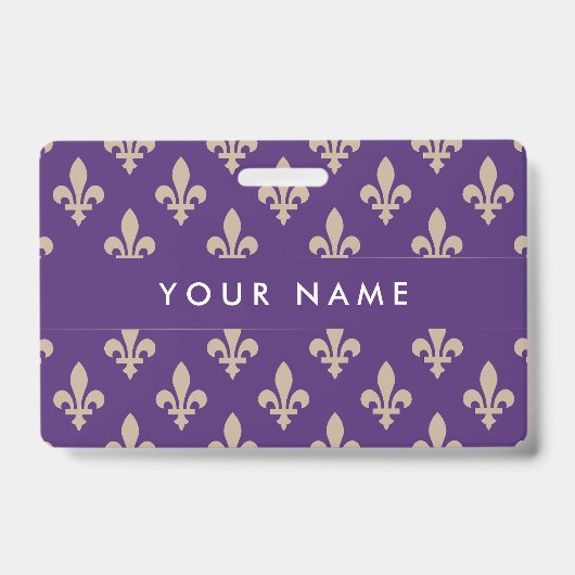 Fleur de Lis Pattern, Frans, Royal, Crème, Paarse Badge (Voorzijde)