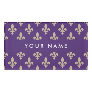 Fleur de Lis Pattern, Frans, Royal, Crème, Paarse Naambadge