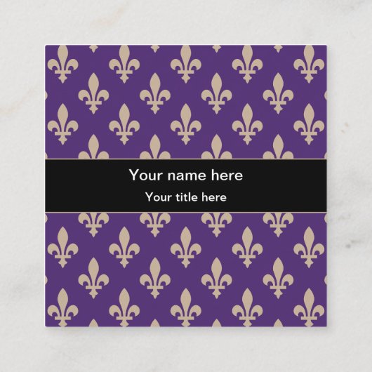 Fleur de Lis Pattern, Frans, Royal, Crème, Paarse Vierkante Visitekaartje (Achterkant)