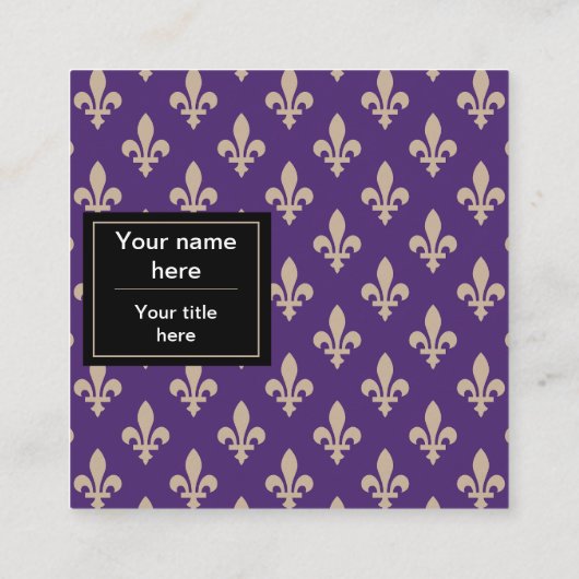 Fleur de Lis Pattern, Frans, Royal, Crème, Paarse Vierkante Visitekaartje (Achterkant)