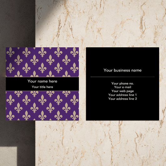 Fleur de Lis Pattern, Frans, Royal, Crème, Paarse Vierkante Visitekaartje