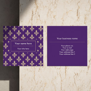 Fleur de Lis Pattern, Frans, Royal, Crème, Paarse Vierkante Visitekaartje