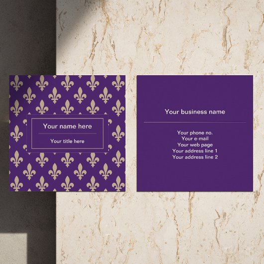 Fleur de Lis Pattern, Frans, Royal, Crème, Paarse Vierkante Visitekaartje