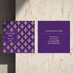 Fleur de Lis Pattern, Frans, Royal, Crème, Paarse Vierkante Visitekaartje