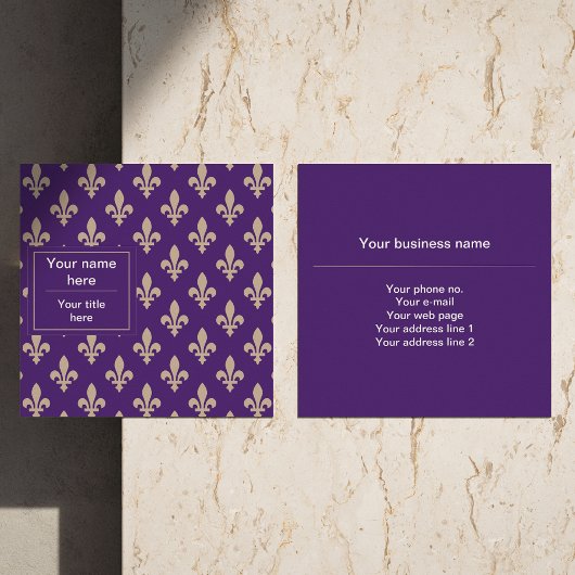Fleur de Lis Pattern, Frans, Royal, Crème, Paarse Vierkante Visitekaartje