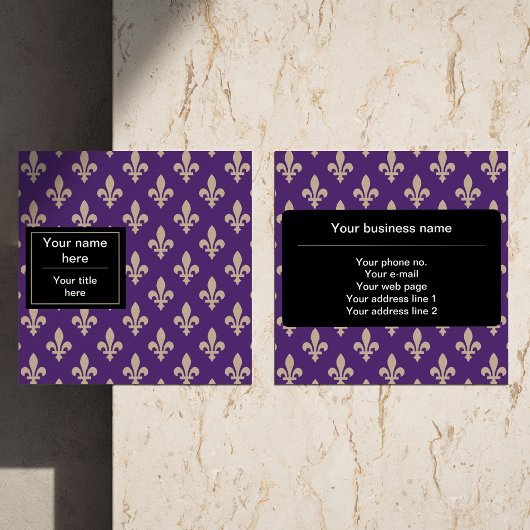 Fleur de Lis Pattern, Frans, Royal, Crème, Paarse Vierkante Visitekaartje