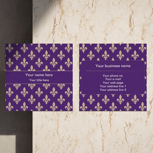 Fleur de Lis Pattern, Frans, Royal, Crème, Paarse Vierkante Visitekaartje