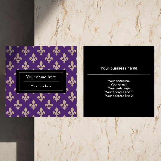 Fleur de Lis Pattern, Frans, Royal, Crème, Paarse Vierkante Visitekaartje