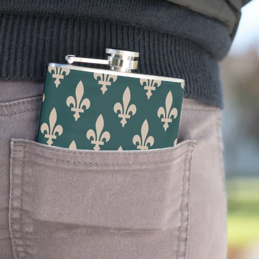 Fleur de Lis Pattern, Royal Franse crème op groen Heupfles (Voorbeeld)