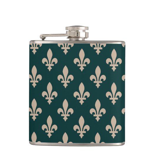Fleur de Lis Pattern, Royal Franse crème op groen Heupfles (Voorkant)