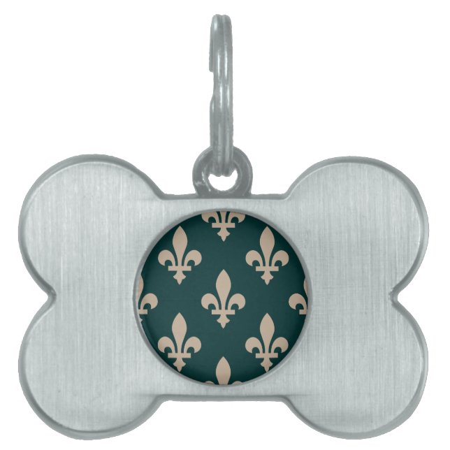 Fleur de Lis Pattern, Royal Franse crème op groen Huisdieren Naamplaatje (voorkant)