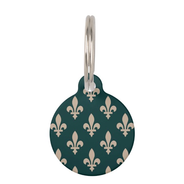 Fleur de Lis Pattern, Royal Franse crème op groen Huisdierpenning (Voorkant)