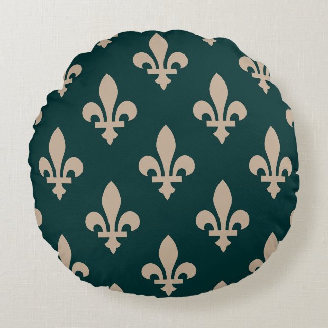 Fleur de Lis Pattern, Royal Franse crème op groen Rond Kussen (Voorkant)