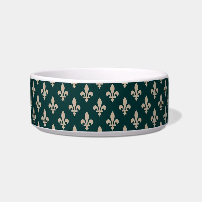 Fleur de Lis Pattern, Royal Franse crème op groen Voerbakje (Voorkant)