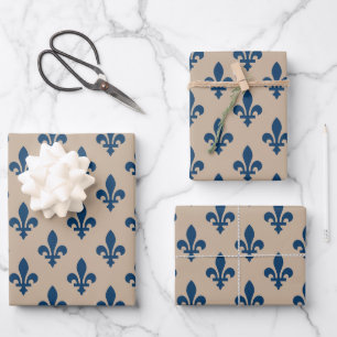 Fleur de Lis Pattern, Royal French Blue op Crème Inpakpapier Vel