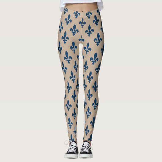 Fleur de Lis Pattern, Royal French Blue op Crème Leggings (Voorkant)