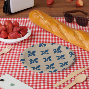 Fleur de Lis Pattern, Royal French Blue op Crème Papieren Bordje