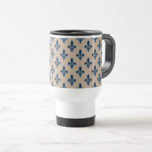 Fleur de Lis Pattern, Royal French Blue op Crème Reisbeker
