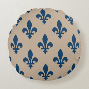 Fleur de Lis Pattern, Royal French Blue op Crème Rond Kussen