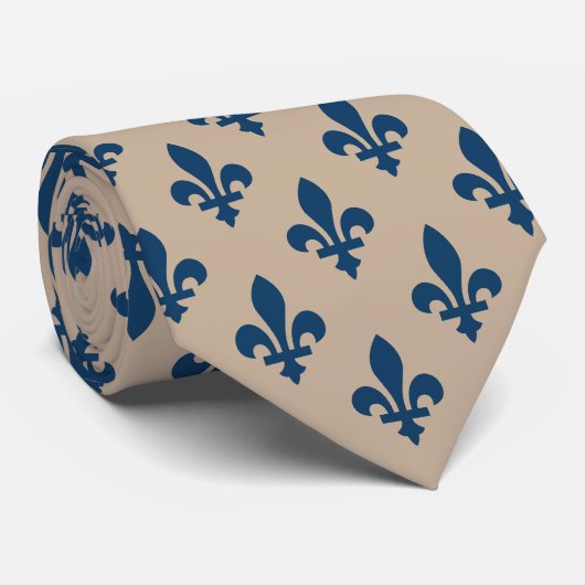 Fleur de Lis Pattern, Royal French Blue op Crème Stropdas (Opgerold)
