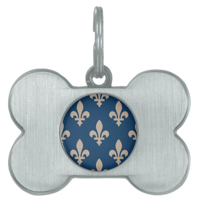 Fleur de Lis Pattern, Royal French, Cream on Blue Huisdieren Naamplaatje (voorkant)