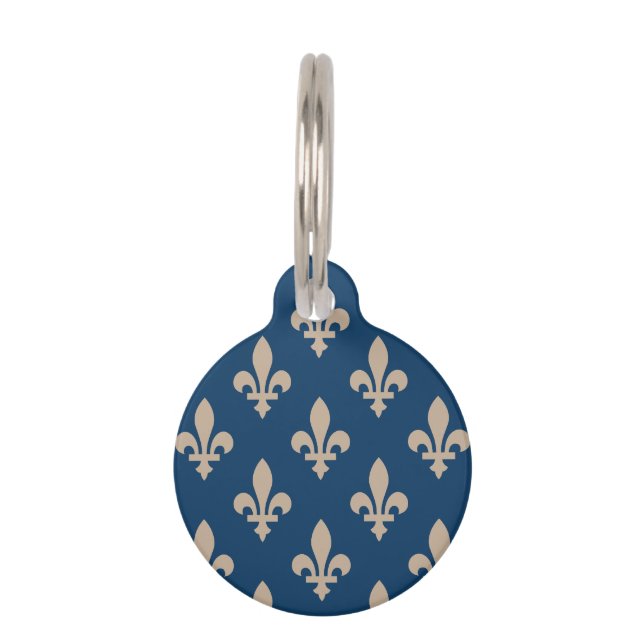 Fleur de Lis Pattern, Royal French, Cream on Blue Huisdierpenning (Voorkant)