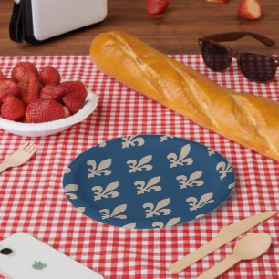 Fleur de Lis Pattern, Royal French, Cream on Blue Papieren Bordje