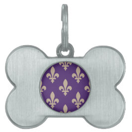 Fleur de Lis Pattern, Royal French Cream op Paarse Huisdieren Naamplaatje