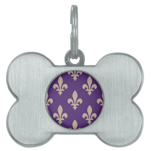 Fleur de Lis Pattern, Royal French Cream op Paarse Huisdieren Naamplaatje (voorkant)