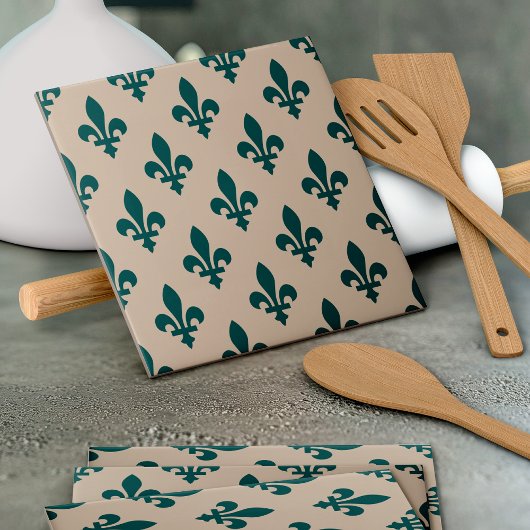Fleur de Lis Pattern, Royal French Green on Cream Tegeltje