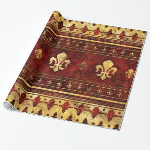 Fleur-de-lis Red Marble en Gold Cadeaupapier