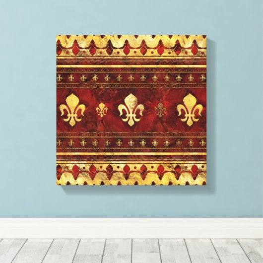 Fleur-de-lis Red Marble en Gold Canvas Afdruk (Insitu (Houten vloer))