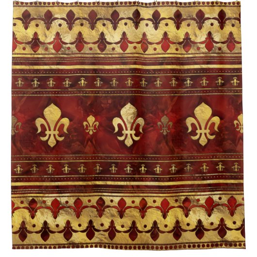Fleur-de-lis Red Marble en Gold Douchegordijn (Voorkant)