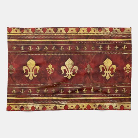 Fleur-de-lis Red Marble en Gold Theedoek (Horizontaal)