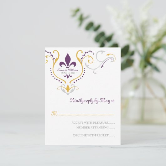 Fleur de Lis Reply Card RSVP Kaartje (Staand voorkant)