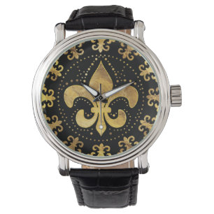 Fleur-de-lis - rond ornament - Goud en zwart Horloge