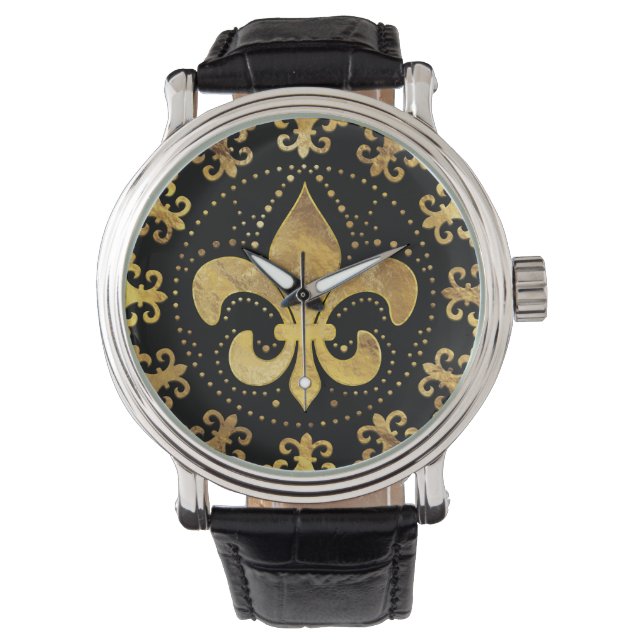 Fleur-de-lis - rond ornament - Goud en zwart Horloge (Voorkant)